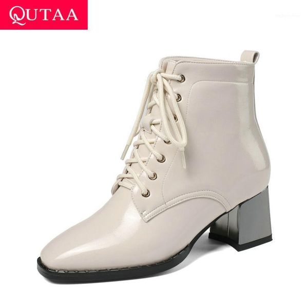 

boots qutaa 2021 lace up autumn winter ankle square high heel women shoes pu patent leather toe short size 34-431, Black