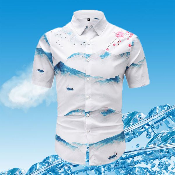 

2021 spring summer new chinese style short sleeve shirt men's large size casual shirt landscape painting printing shirt men, White;black