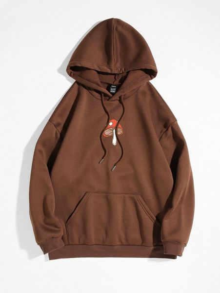 

plus mushroom print drawstring kangaroo pocket drop shoulder hoodie t4nx#, Black