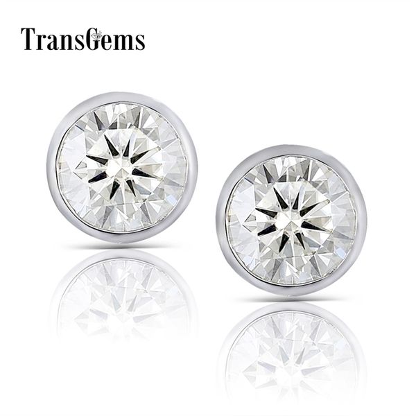 

transgems solid 14k 585 white gold 2ctw 6.5mm 1 ct moissanite stud earrings bezel setting push back earrings for women y200620, Golden;silver