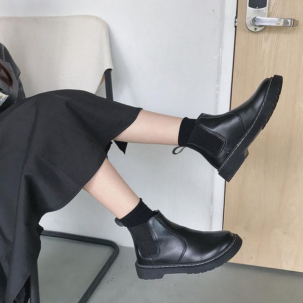 

autumn boots female british students korean faux leather boots round head flat short j55, Black