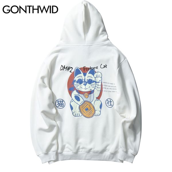 

japanese style lucky cat print fleece hoodies sweatshirts 2020 mens harajuku hip hop casual streetwear hooded male, Black