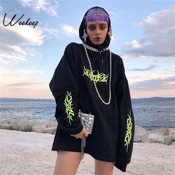 

weekeep loose streetwear black sweatshirt knitted hooded shinning print hoodies fashion moletom long hoodie women y200915