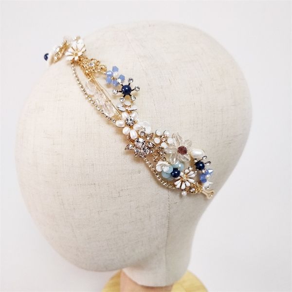 

blue flower bridal headband handmade crystal wedding headpiece prom hair jewelry y200409, Slivery;golden