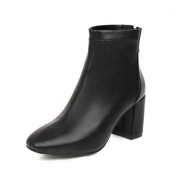 

boots 2021 autumn winter pu leather round toe concise ankle fashion square high heel zipper women shoes size 34-431, Black