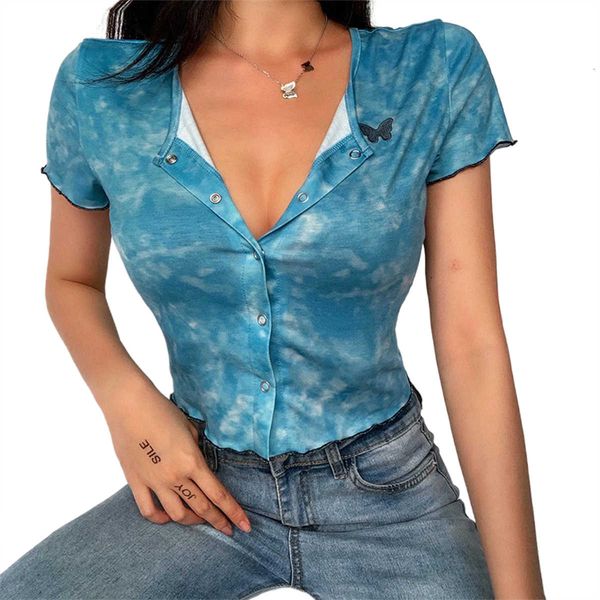 

women's slim short cardigan t-shirt tie-dye printing butterfly embroidered top, White