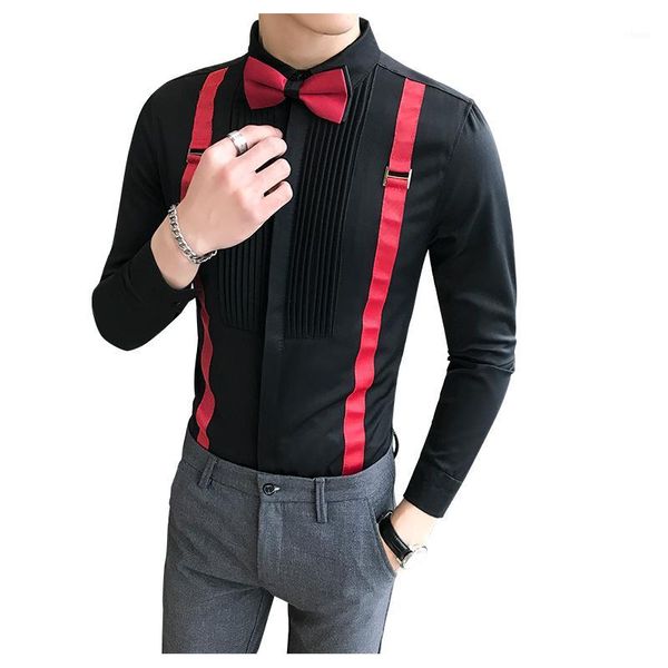 

2020 new men's personality long-sleeved shirt hairdresser slim shirt nightclub bar ktv waiter overalls inch trend1, White;black
