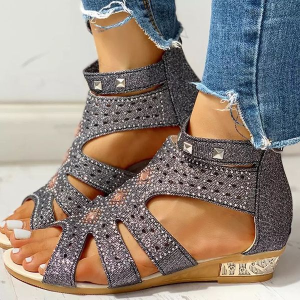 

2021 new women summer ladies leisure crystal bling wee footwear hollow gladiator zipper sandals lightweight soft shoes 5kk5, Black