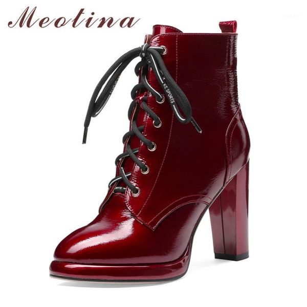 

meotina genuine leather platform super high heel ankle boots women shoes cross tied buckle thick heels lady short boots wine red1, Black