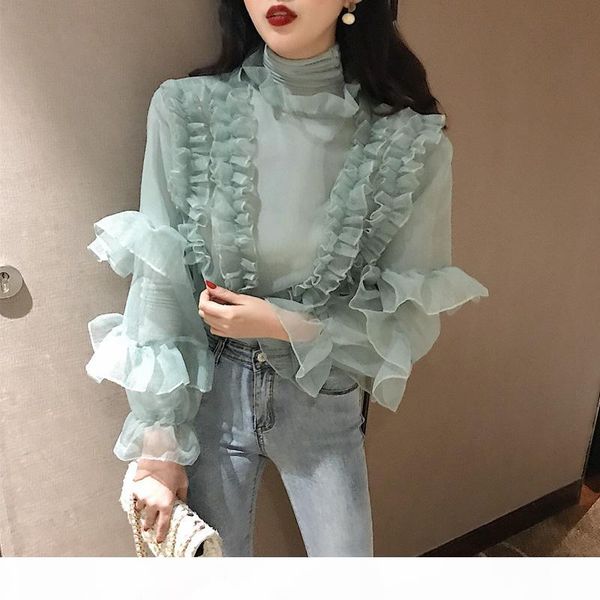 

ruffles high collar vintage blouse shirt women flare long sleeve elegant female blouse casual summer chiffon blusas female 2019, White