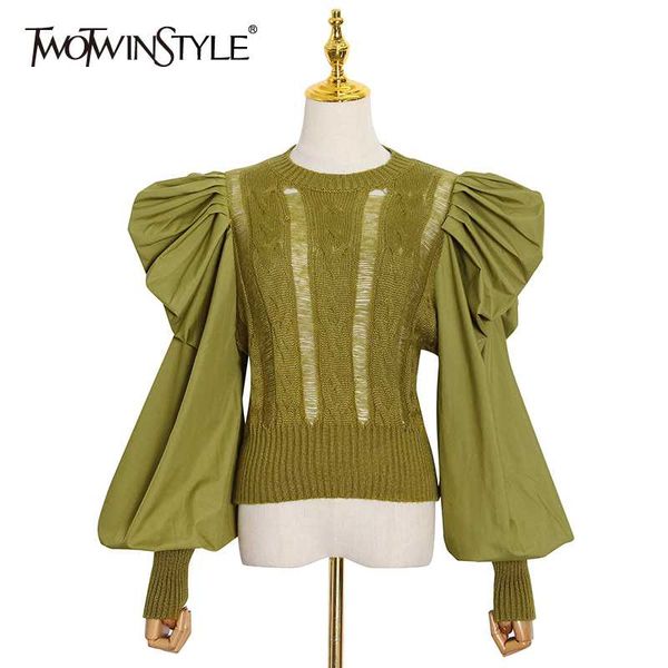 

twotwinstyle лоскутная ruched свитер для женщин o шеи puff рукавом повседневная туники свитера женщины новая мода одежда 2020 осень, White;black