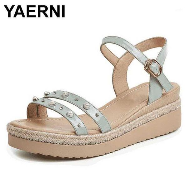 

sandals yaerni summer open shoes woman rhinestone pearl decoration genuine leather women fashion non-slip wedge1, Black