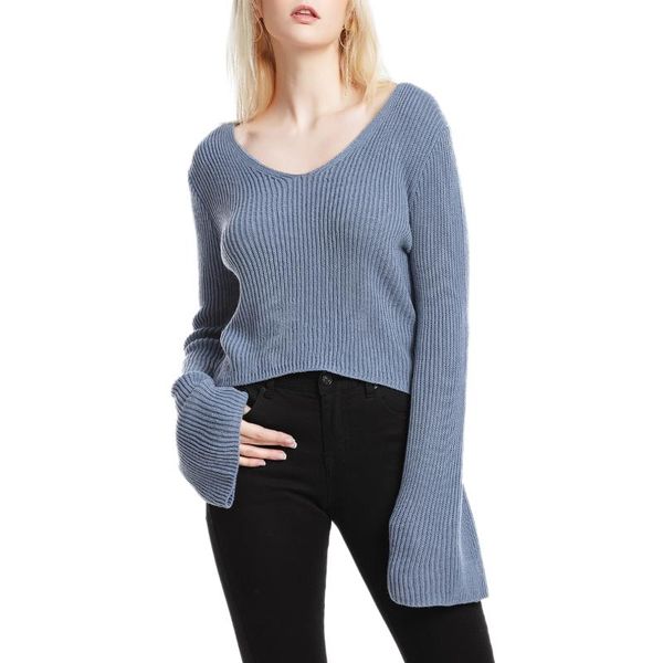 

spring and autumn women's fashion long sleeve knitwear v-neck short fashion flare sleeve pure color knitted women, White;black