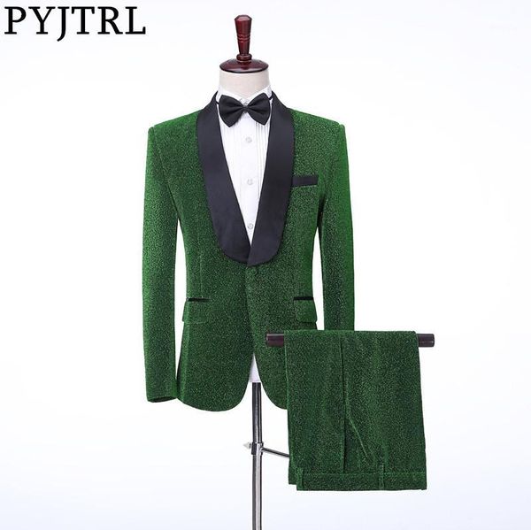 

pyjtrl new men 2 pieces set shawl lapel shiny suits green wedding groom banquet slim fit tuxedo party costume homme singers suit1, White;black