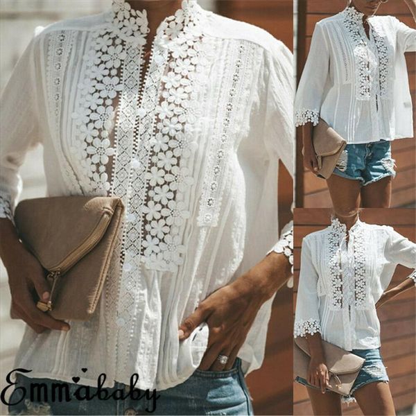 

fashion women summer long sleeve lace shirt loose casual chiffon hollow slim blouse, White