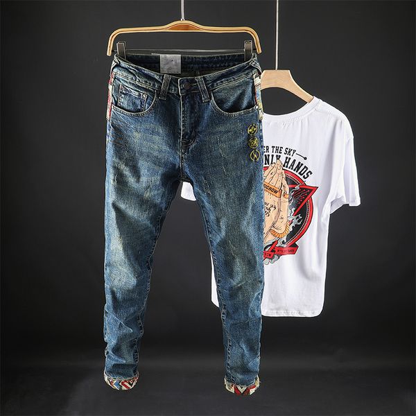 

2021 new autumn newly fashion men jeans retro elastic slim fit denim pencil pants streetwear embroidery spliced designer hip hop trousers jb, Blue