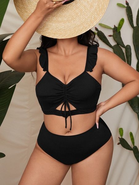 

plus plain drawstring frill trim high waisted bikini swimsuit g6p9#, Black