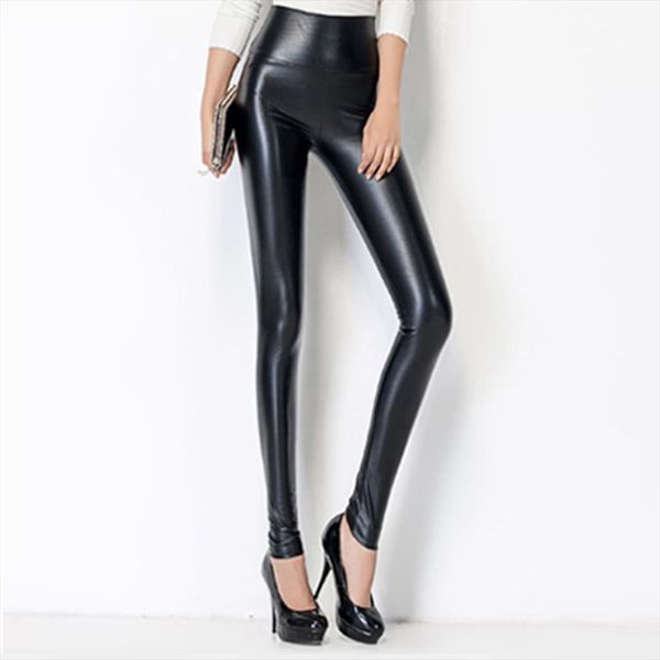 

fashion women faux leather thin black pu leggings calzas mujer stretchy casual pencil pants elastic legging