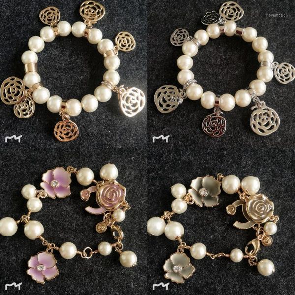 

pearl charm beaded bracelets for women jewelry flower camellia pendants charms sale price1, Golden;silver