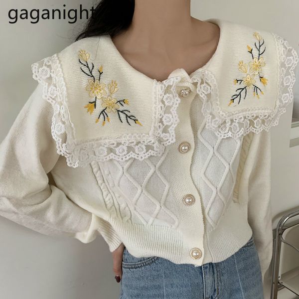 

gaganight embroidery flower women knited cardigan ruffled single breasted sweater autumn winter fashion solid chic outwear h1211, White;black