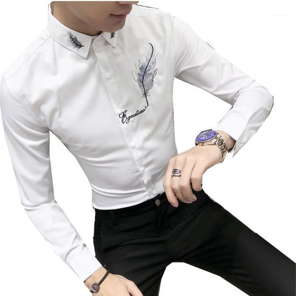 

men dress printing parry club slim fit shirt long sleeved casual male shirts brand clothing dress shirt man chemise homme1, White;black