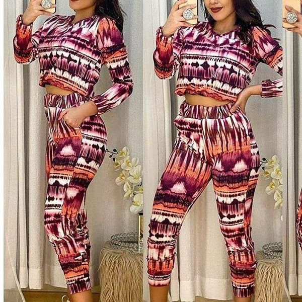 

2 pieces women's outfits set fashion tie-dye long sleeve round neck crop elastic lace-up long pants casual fitting suit, Gray