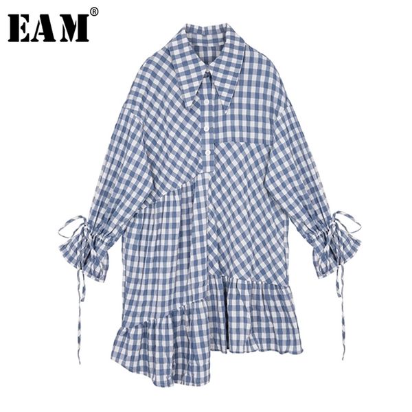 

[eam] women blue plaid ruffles big size shirt dress new lapel long sleeve loose fit fashion tide spring autumn lj200818, Black;gray