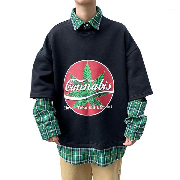 

early autumn new ins fake two-piece shirt male long-sleeved shirt trend sweater sweater tide card hip-hop loose lazy wind 50cs1, White;black