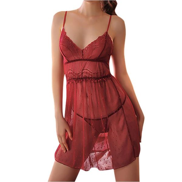 

women's underwear lingerie women's deep v mesh lace perspective suspender nightdress home two piece set lengrie femme, Black;red