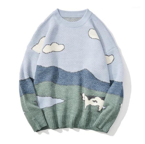

youth men cows vintage winter sweaters 2020 pullover mens o-neck pullover korean fashions man casual harajuku clothes w14271, White;black
