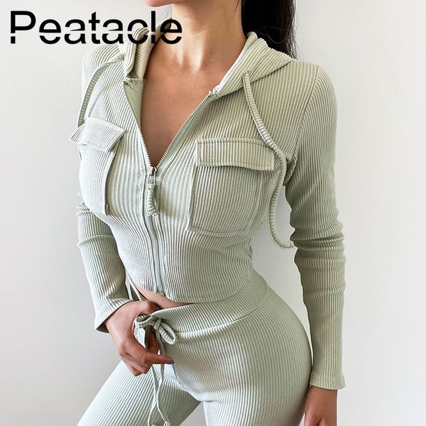 

peatacle 2 peice set women thread casual zipper double pocket hooded tights running sports suit fitness clothes outer wear y1225, Gray