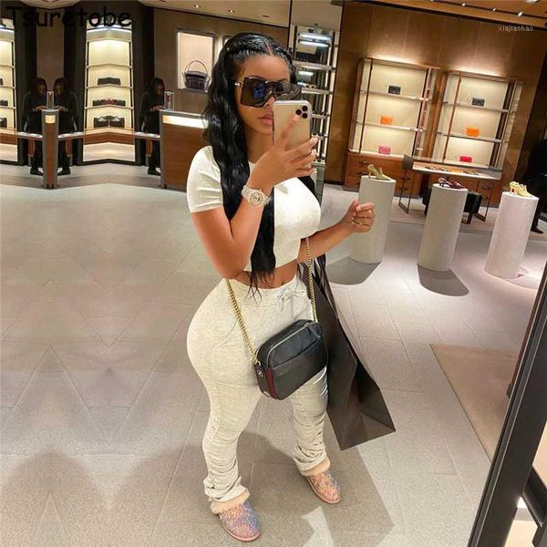 

tsuretobe 2 piece set women crop and stacked pants summer clothes streetwear matching sets short sleeve club outfits female1, White