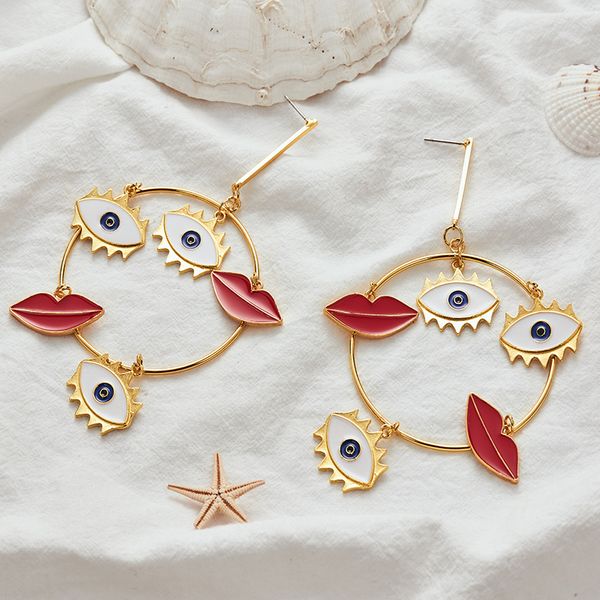 

fashion-new design exaggerated long big evil eyes lips charm gold loop dangle earrings for women bohemian gold statement earring, Silver