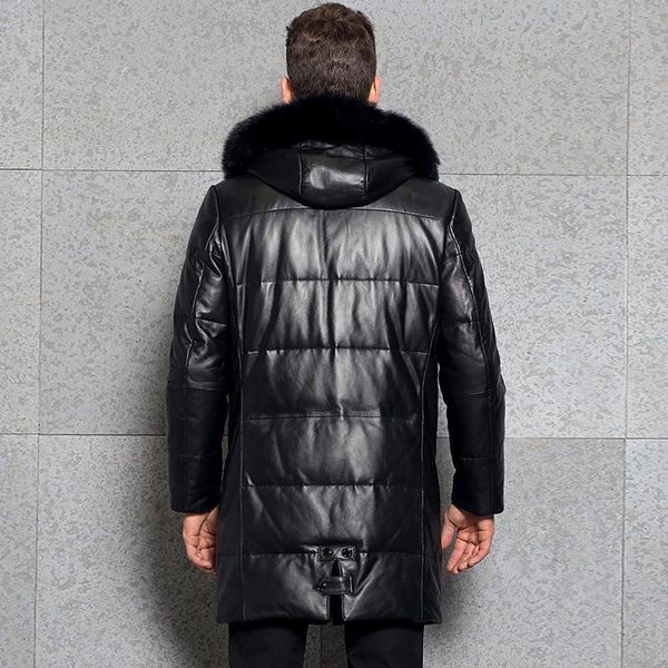 

men's leather & faux genuine jacket men hooded sheepskin real jackets warm duck down coat fashion jaqueta couro 3376 yy472, Black