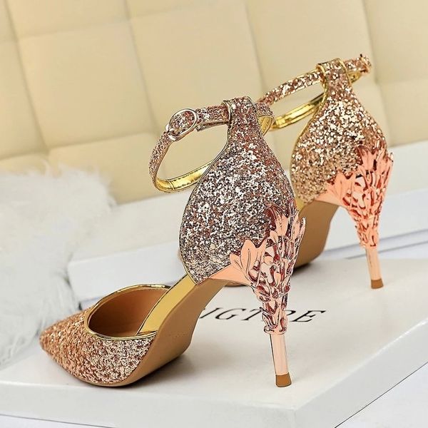 

2020 women low 7.5cm 9.5cm high heels sandals wedding scarpins metal heels sandals strap stiletto bridal glitter gold pumps #5w8t, Black