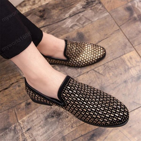 

new fashion men loafers black diamond rhinestones spiked loafers rivets shoes cozy bottom wedding party shoes flats wholesale
