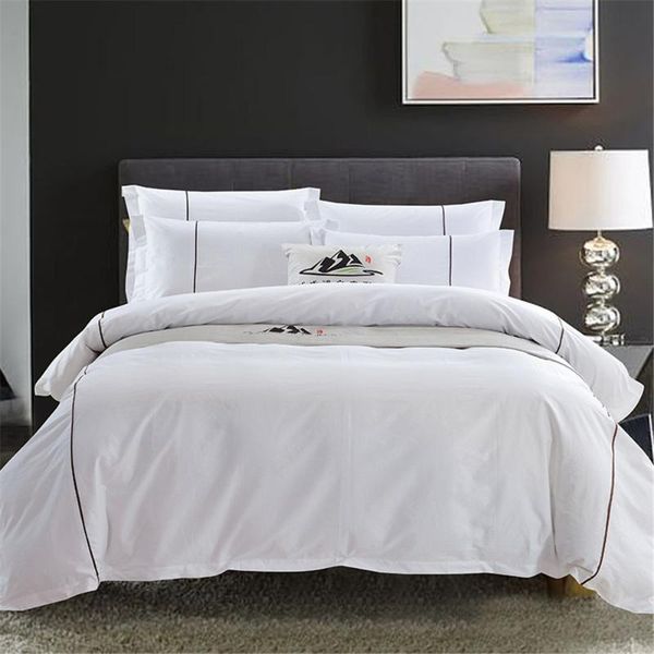 

4pcs white l bedding set with coffee color piping on duvet cover and pillowcases solid white bed sheet double king bed linen