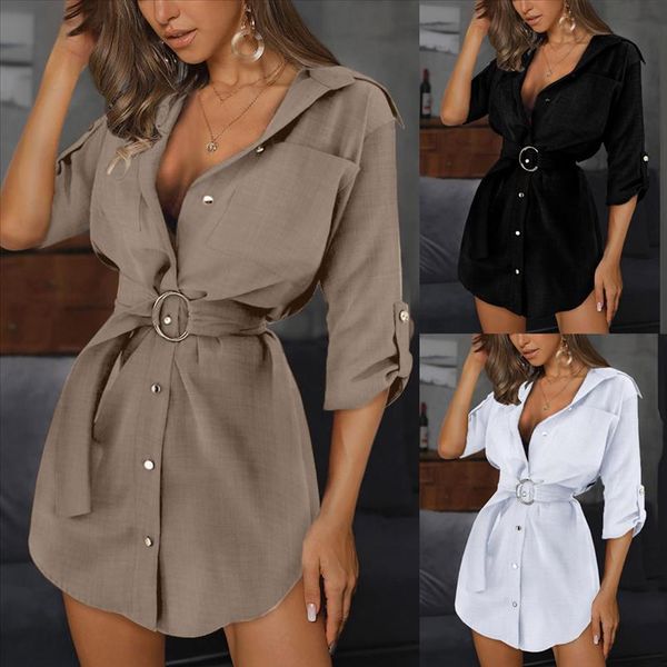 

38 women autumn long sleeve mini dresses ol with belt casual work plain shirt elegant casual solid dresses, Black;gray