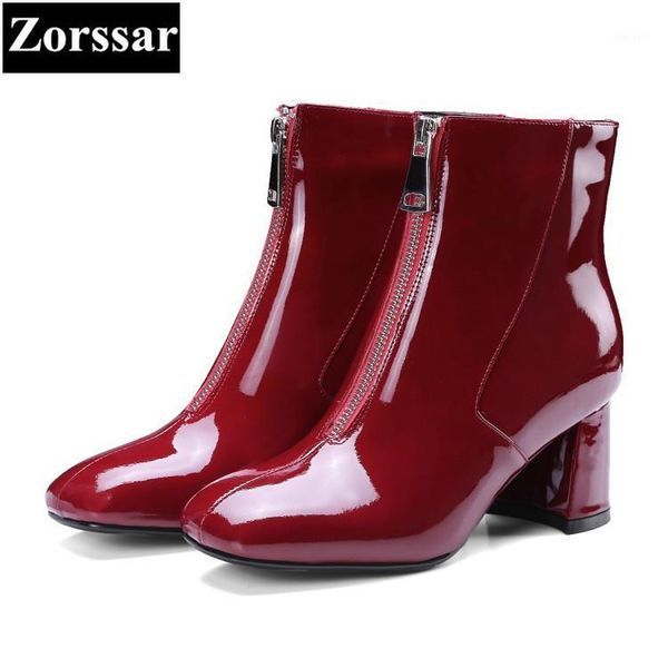 

zorssar} 2020 new fashion women shoes round toe thick heel ankle snow boots patent leather high heels womens boots winter1, Black