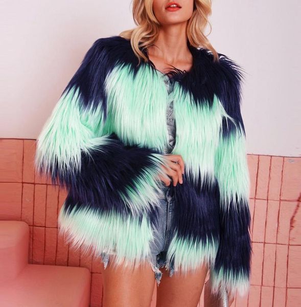 

vogue fur coat women fluffy warm long sleeve gradient color outerwear autumn winter coat jacket hairy collarless overcoat 8m35, Black