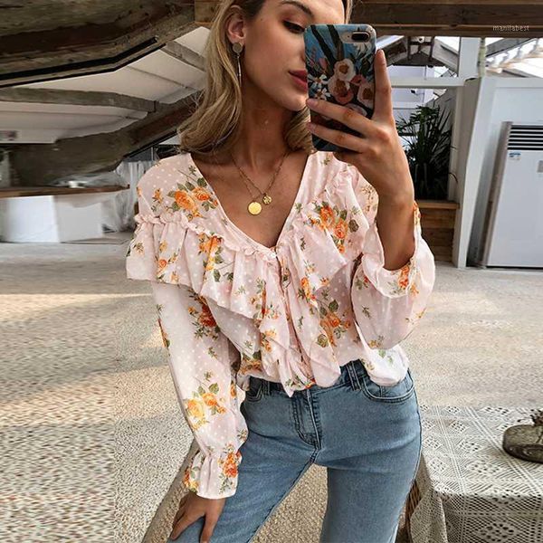 

ayualin long sleeve ruffle women blouse shirt vintage chiffon pink floral print autumn v neck lady blouses casual blusas1, White