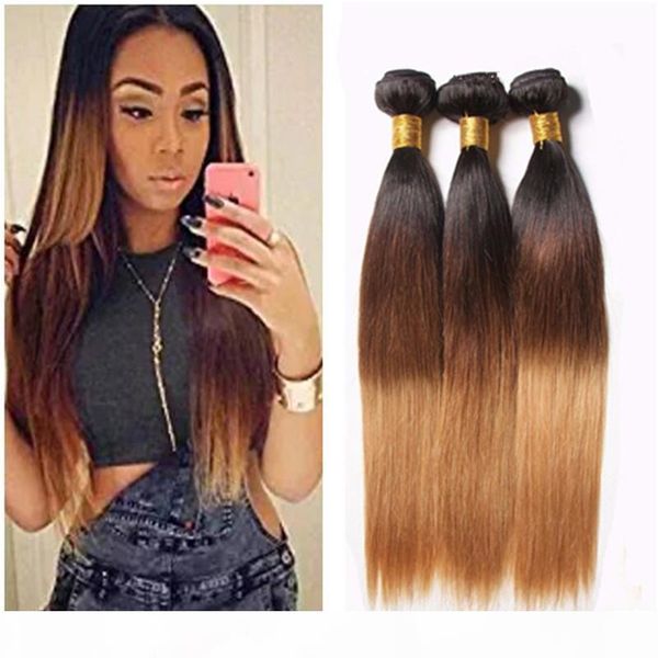 

wholesale three tone brown blonde 1b 4 27 ombre malaysian silk straight human hair weave 9a honey blonde ombre hair extensions, Black;brown