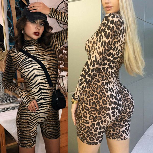 

women bodysuits tiger leopard print turtle neck jumpsuit long sleeve bodycon rompers clubwear, Black;white
