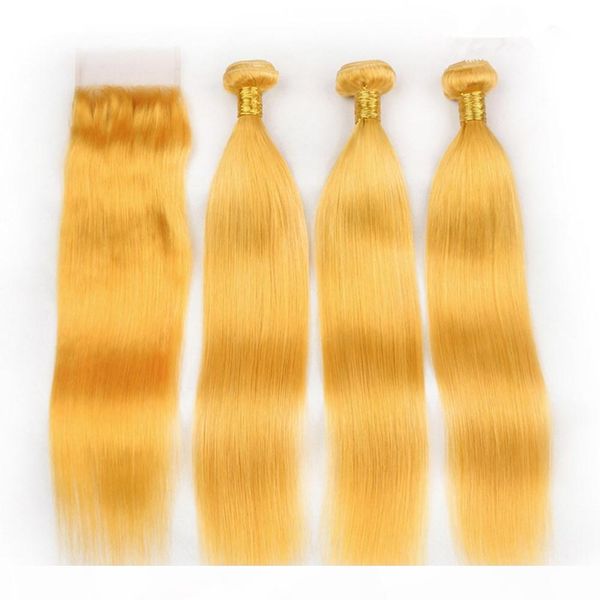 

pure yellow brazilian human hair weaves with closure straight colored yellow virgin hair bundles deals 3pcs with 4x4 lace front closure, Black;brown