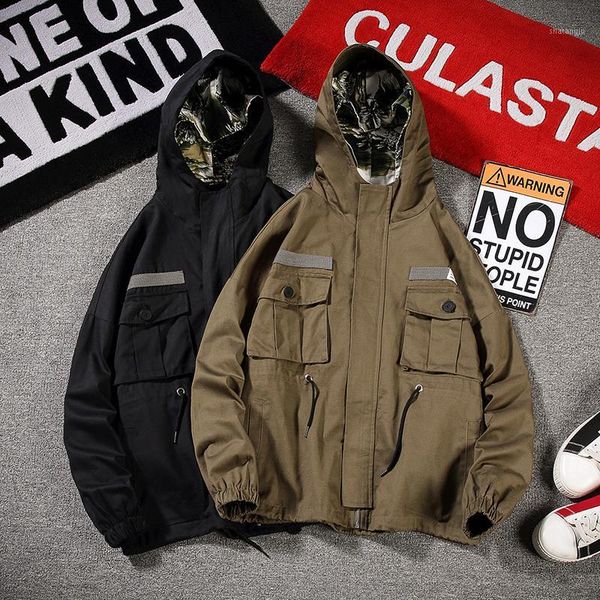 

double hat jacket men's fashion retro casual overalls hooded jackets mens streetwear loose hip hop bomber jacket men m-5xl1, Black;brown