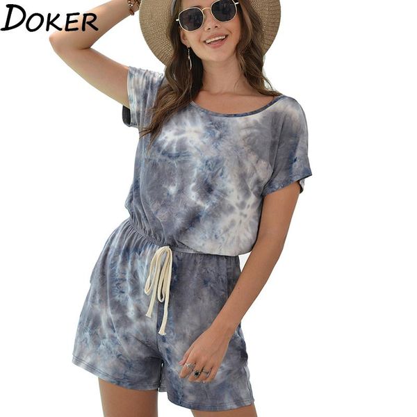 

women's jumpsuits & rompers womens shorts 2021 summer tie-dye short sleeve plus size fashion streetwear casual loose jumpsuit, Black;white