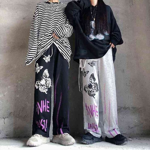 

womens pants streetwear dark butterfly print jogging pantalon aesthetic letter gothic vintage femme sweatpants e girl clothing, Black;white
