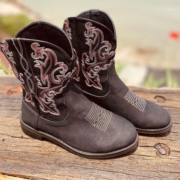 

boots women mid-claf embroidery pu slip-on winter women's low heel vintage ladies shoes female plus size 2021 1, Black