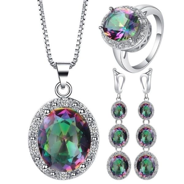 

4Pcs/Set Multicolor Inlaid Ring Earrings Pendant Necklace Jewelry, Silver