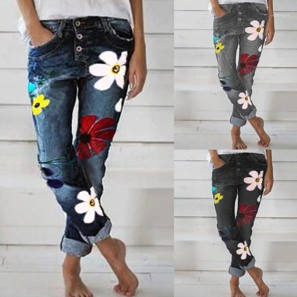 

women denim pants jeans fashion floral printed ladies trousers slim leggings female denim trousers pants jeans d301, Blue